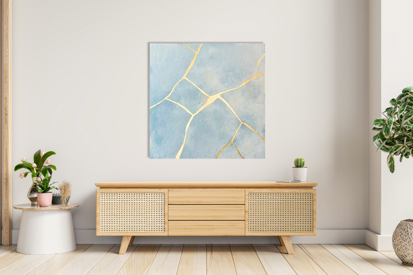 A square abstract wall art print with a light blue background and gold crackle lines, displayed on a light wood console in a modern, sunlit room with plants.